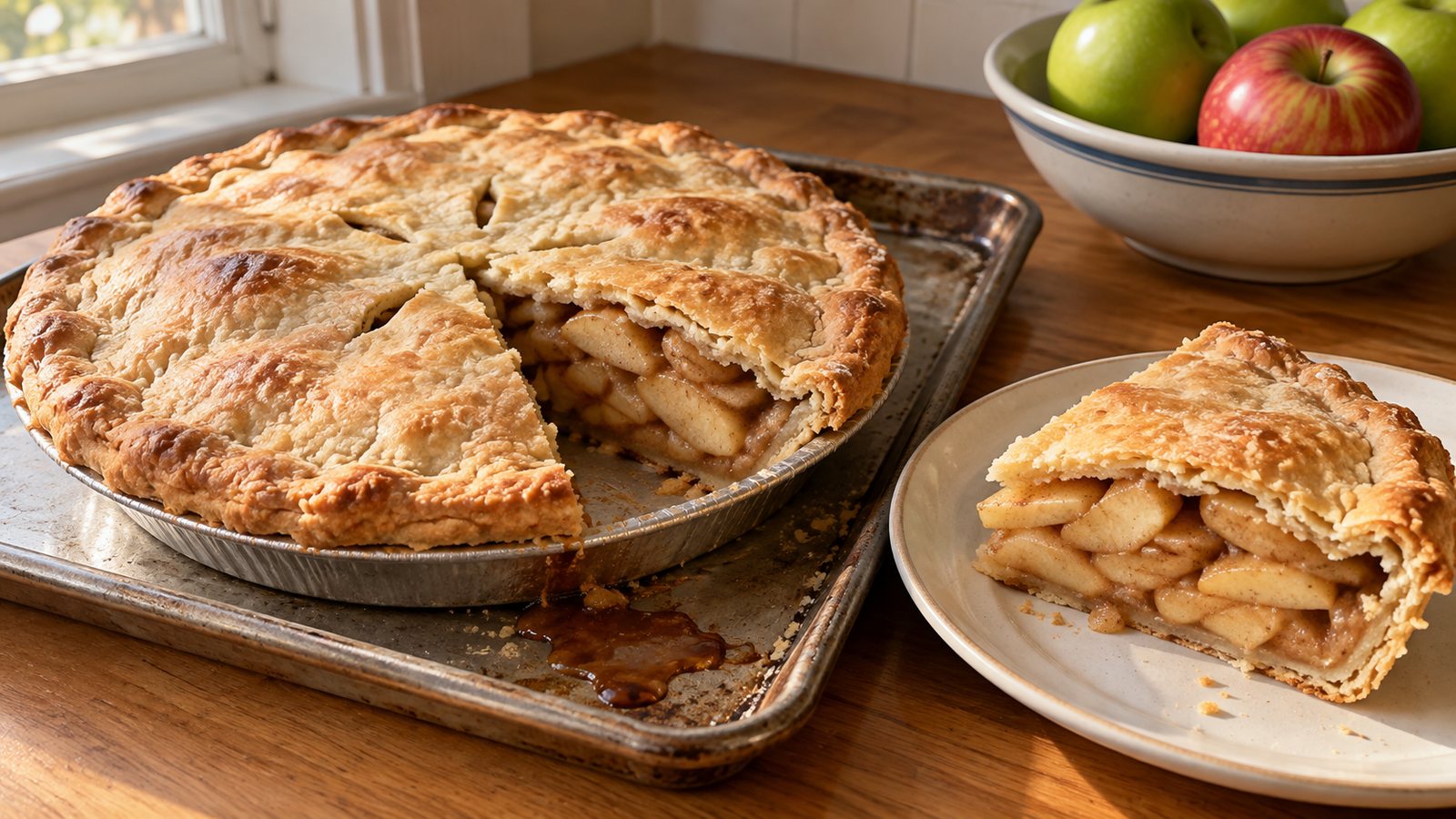 Double-crust apple pie in a 10-inch metal tin on a cookie sheet, one slice cut, made from Judy Fisher's no-fail pie crust recipe