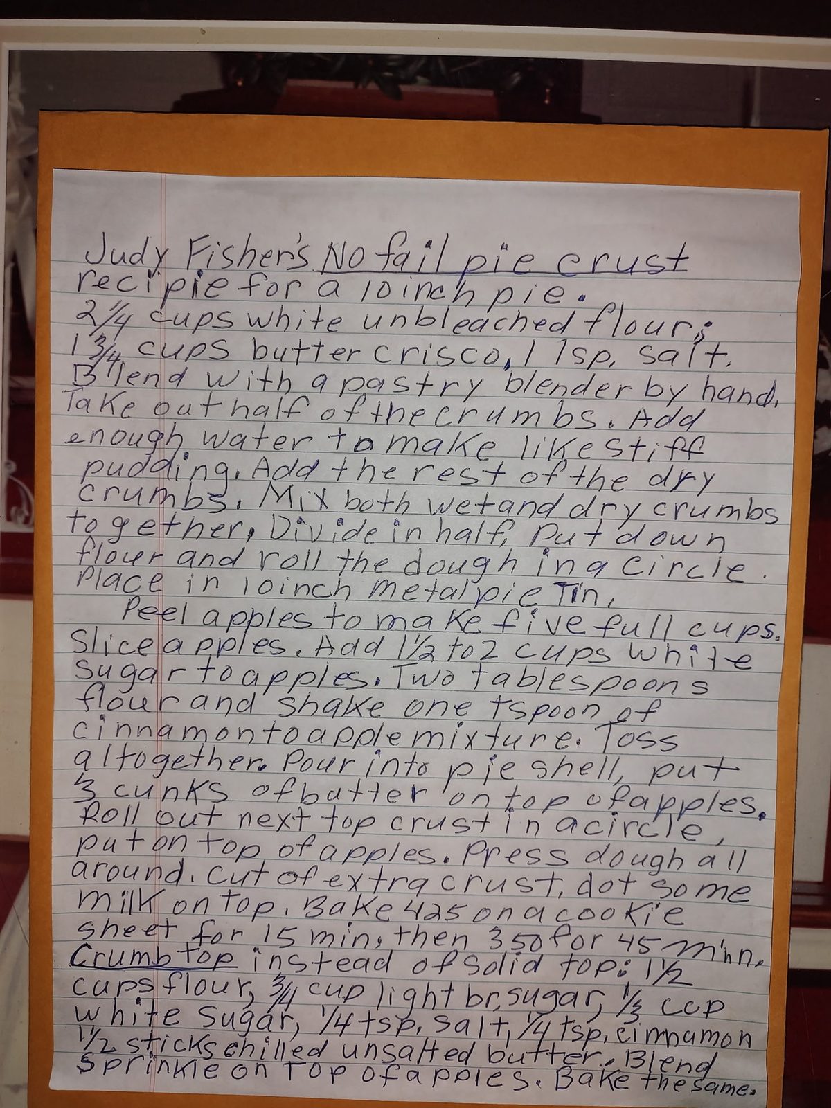 Judy Fisher's handwritten no-fail pie crust recipe card for a 10-inch apple pie, from Fisher's Fruit Farm in Brockport NY